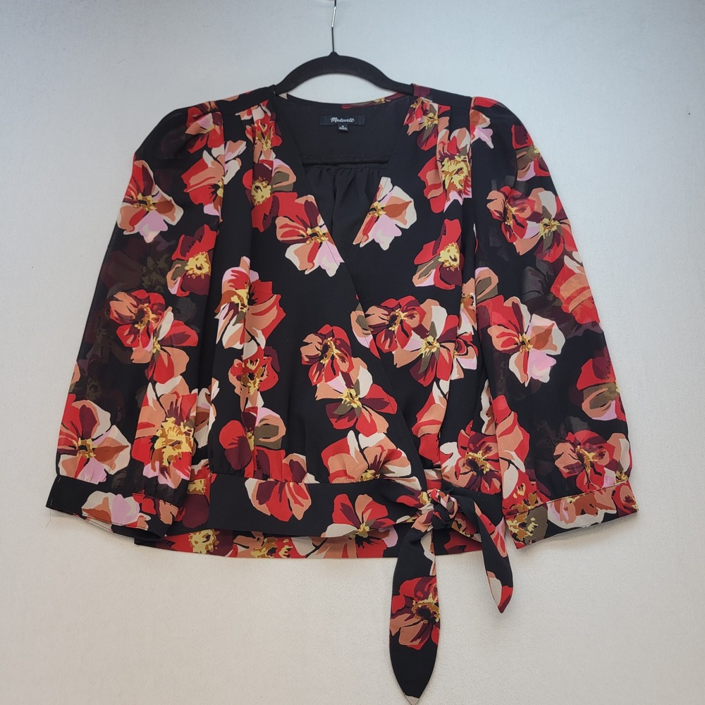 Madewell Blouse Womens Medium Black Floral‎ Wrap Side Tie Long Sleeve
